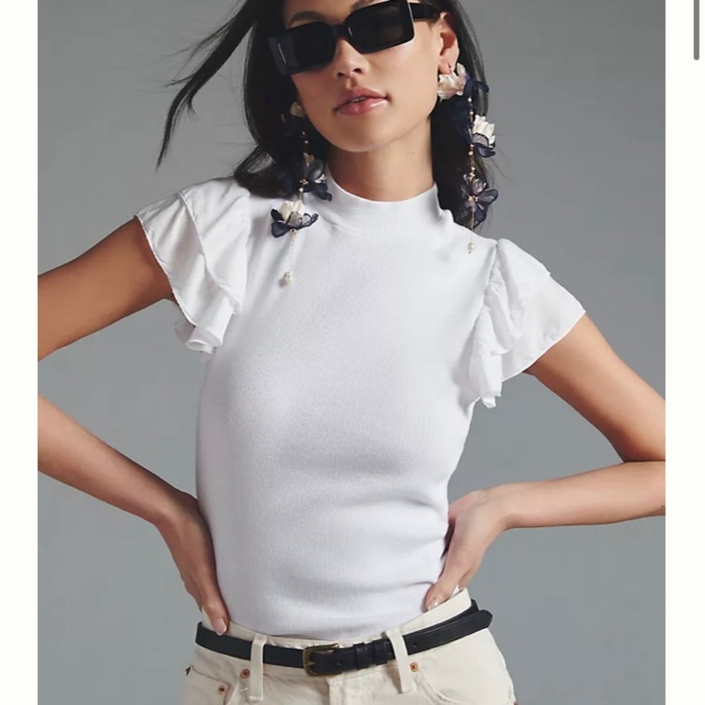 Anthropologie T.la Ruffle Mock Neck Tank - White - Medium